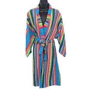 Serape Striped Belted Cover Up Robe One Size Kimono Rainbow Boho Lounge Resort